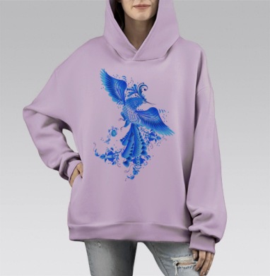 Синяя птица удачи в стиле гжельской росписи, Hoodie Mono Fiolet, оверсайз, утепленная