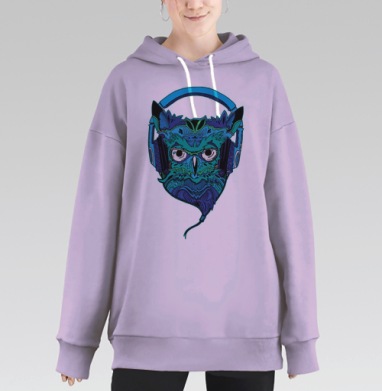 Сова в наушниках: мистический графический арт, Hoodie Long Oversize Fiolet