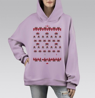 Space invaders a la rus / Космические захватчики а-ля рус, Hoodie Mono Fiolet, оверсайз, утепленная