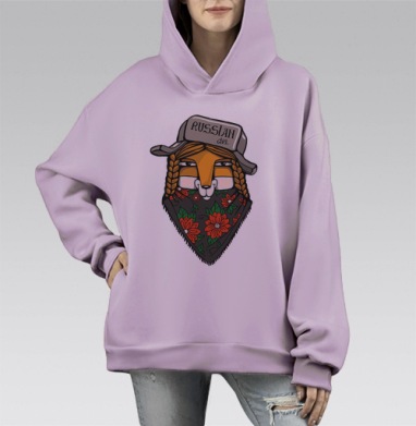 Стилизованная Рыжая Лиса в Русском Образе Russian Girl, Hoodie Mono Fiolet, оверсайз, утепленная