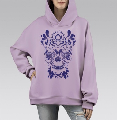 Стилизованная синяя цветочная роспись орнаментальный череп калавера, Hoodie Mono Fiolet, оверсайз, утепленная
