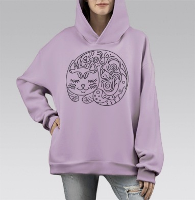 Стилизованная спящая кошка в дудлинге, Hoodie Mono Fiolet, оверсайз, утепленная