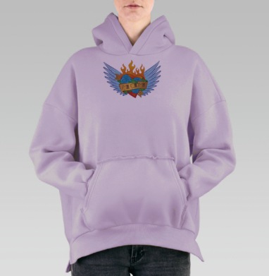 Татуировка Old School с сердцем 'MOM' и синими розами, Hoodie Oversize Fiolet, утепленная