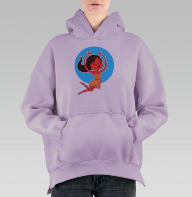 Веселая девушка в прыжке с жестом одобрения, Hoodie Oversize Fiolet, утепленная