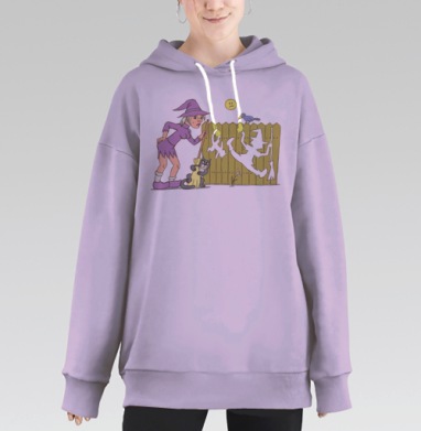 Веселая ведьма с котом и метлой – забавный арт, Hoodie Long Oversize Fiolet