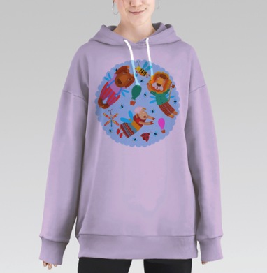 Весёлые летающие животные в сказочном полёте, Hoodie Long Oversize Fiolet
