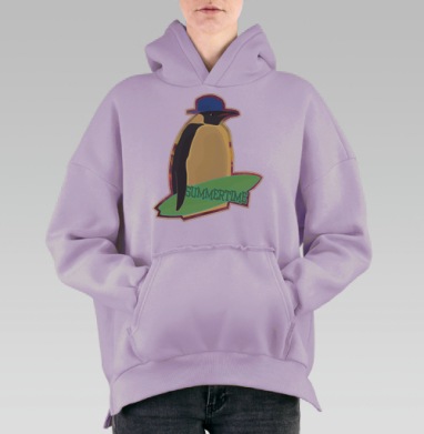 Весёлый пингвин с доской для серфинга SUMMERTIME, Hoodie Oversize Fiolet, утепленная