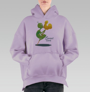 Весёлый зелёный инопланетянин со сладким леденцом, Hoodie Oversize Fiolet, утепленная