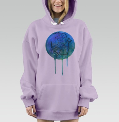 Викингский драккар в акварельной стилистике, Hoodie Mjhigh Dig Mel, Fiolet, утепленная