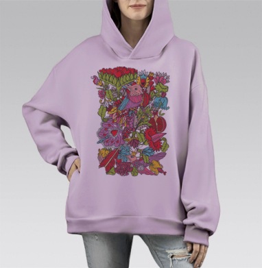 Vintage floral ornament  with humming bird / Винтажный цветочный орнамент с колибри, Hoodie Mono Fiolet, оверсайз, утепленная