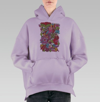 Vintage floral ornament  with humming bird / Винтажный цветочный орнамент с колибри, Hoodie Oversize Fiolet, утепленная