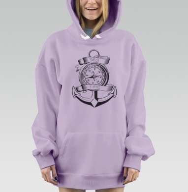 Винтажный принт якорь с компасом «Sea Time», Hoodie Mjhigh Dig Mel, Fiolet, утепленная