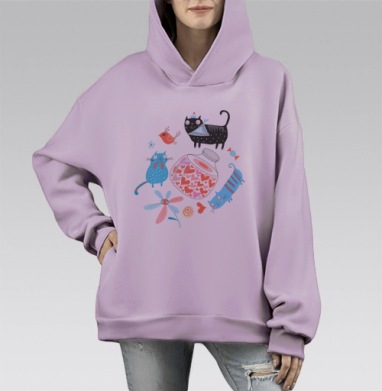 Влюблённые коты и сердца, Hoodie Mono Fiolet, оверсайз, утепленная