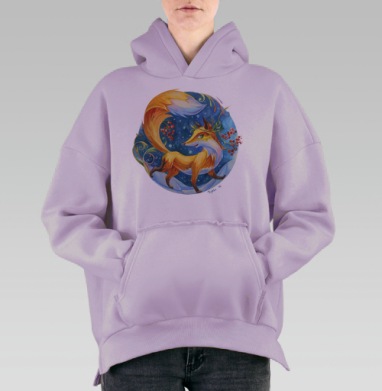 Яркая акварельная лиса с ягодами и венком, Hoodie Oversize Fiolet, утепленная
