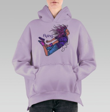 Яркая иллюстрация девушки в полёте с наушниками, Hoodie Oversize Fiolet, утепленная