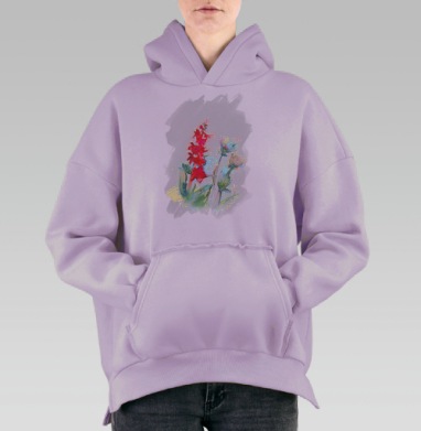 Яркие акварельные цветы живой природы, Hoodie Oversize Fiolet, утепленная