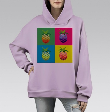 Яркие четырехцветные ананасы в поп арт стиле на зеленом розовом фоне, Hoodie Mono Fiolet, оверсайз, утепленная