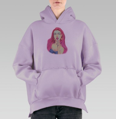 Яркий арт портрет с девушкой и леденцом, Hoodie Oversize Fiolet, утепленная