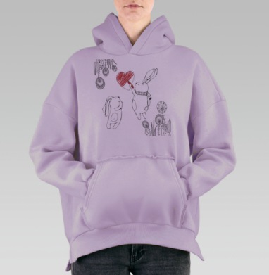 Зайчик раскрашивает сердце красным цветом, Hoodie Oversize Fiolet, утепленная